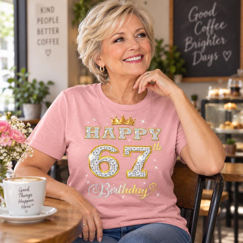 May include: A dusty rose t-shirt featuring a gold crown graphic above the text HAPPY 67th Birthday. The numbers 67 are rendered in a silver glitter texture with gold outlines, and the word Birthday is written in a silver cursive script font.
