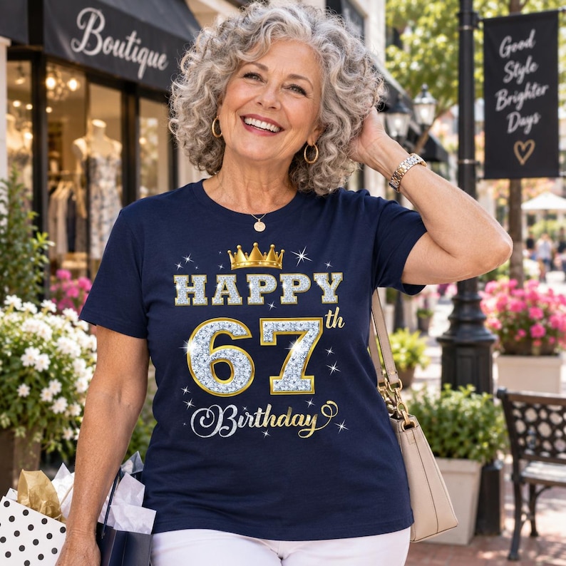 May include: A navy blue short-sleeved t-shirt featuring a graphic print with a gold crown above the text "HAPPY" and the number "67th" in a silver glitter texture, followed by the word "Birthday" in a white script font with star accents.