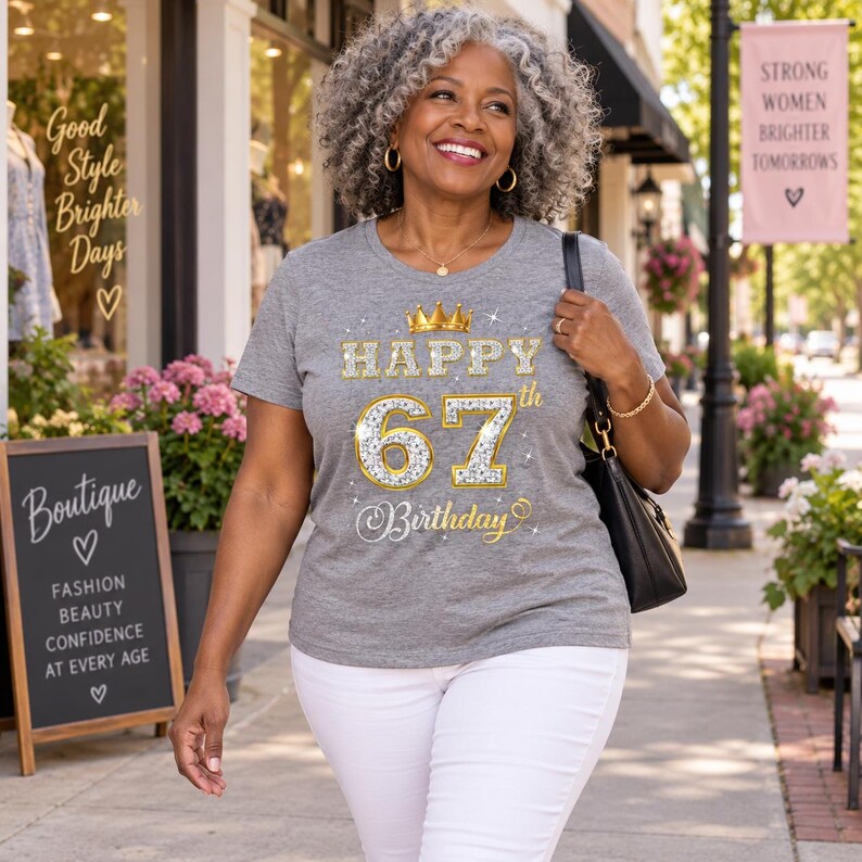 May include: A heather gray short-sleeve t-shirt featuring a gold crown graphic above the text "HAPPY" and the large number "67" in a diamond-like pattern, with the word "Birthday" below, paired with white pants and a black shoulder bag.