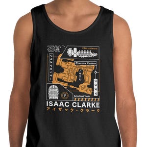 May include: Black tank top featuring a detailed orange and white graphic design. The design includes technical schematics, the text "Plasma Cutter," and the name "Isaac Clarke" in English and Japanese characters. The tank top is a casual style.