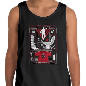 May include: A black tank top featuring a graphic print with white and red elements. The design includes a silhouette of a person, a red rotary telephone, a pistol, an eagle emblem, and text that reads Prime Candidate 7, The Oldest House.