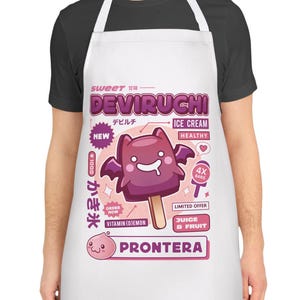 May include: White apron featuring a purple ice cream design with the text "DEVIRUCHI ICE CREAM". The design includes a cartoon devil character and Japanese text. The apron is worn by a person.