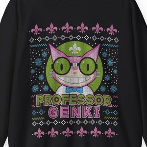 Op de afbeelding: Zwart sweatshirt met een feestelijk ontwerp met een roze kat die een bril en een strikje draagt. De kat is omringd door sneeuwvlokken en fleur-de-lis. De tekst "PROFESSOR GENKI" staat onder de kat.
