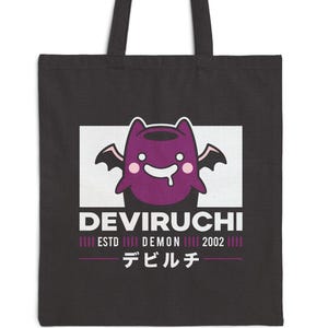 May include: Black tote bag with a white graphic of a purple cartoon monster with wings and the text "DEVIRUCHI ESTD DEMON 2002 デビルチ"