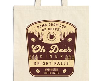 Oh Deer Diner Emblem Cotton Canvas Tote Bag // Alan Wake 2 Video game // Gaming // Gamer // Cauldron Lake // Bright Falls // Coffee Thermo