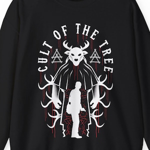 May include: Black sweatshirt with a white graphic print of a hooded figure with antlers and the text "Cult of the Tree".