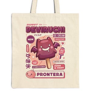 May include: A white tote bag with a pink and purple graphic design featuring a cartoon bat ice cream with the text "Sweet DEVIRUCHI" and "PRONTERA".