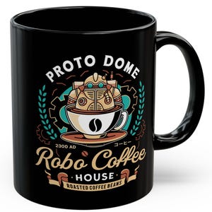 Può includere: Tazza da caffè in ceramica nera con grafica colorata. Il design presenta un robot in una tazza di caffè con le parole "PROTO DOME" e "Robo Coffee House" in stile vintage. La tazza è alta circa 9,4 cm.