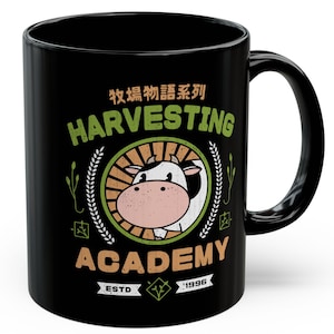 Kawaii Harvesting Academy  Black Mug (11oz or 15oz) // Harvest Moon Video Game // Gaming // Gamer // Farming // Story Of Seasons // Cow