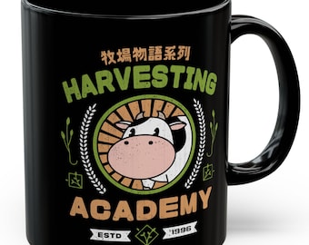 Kawaii Harvesting Academy  Black Mug (11oz or 15oz) // Harvest Moon Video Game // Gaming // Gamer // Farming // Story Of Seasons // Cow
