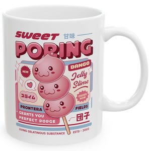 May include: White ceramic mug featuring a colorful design with the text "Sweet Poring" and a graphic of three pink, smiling jelly-like characters on a stick. The mug also includes Japanese text and the words "Dango Jelly Slime."