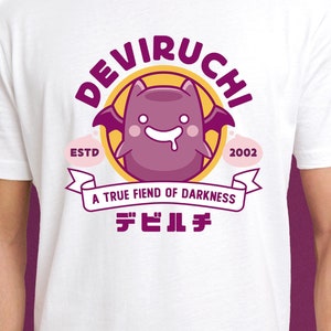 May include: White t-shirt with a purple cartoon bat character with the text "DEVIRUCHI" in a yellow circle, "ESTD 2002", "A TRUE FIEND OF DARKNESS", and "デビルチ" in Japanese.