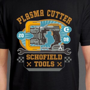 May include: A black t-shirt featuring a graphic print of a plasma cutter tool. The design includes the text "PLASMA CUTTER" and "SCHOFIELD TOOLS" in orange, along with the numbers "20" and "08" in blue circles, and a wrench icon below the tool.