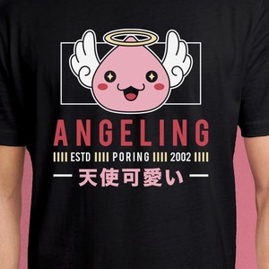 May include: Black t-shirt with a pink cartoon angel with a halo and wings. The text "ANGELING" is in red letters above the angel. Below the angel is the text "ESTD PORING 2002" and "天使可愛い" in black.