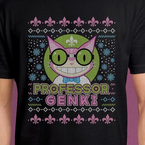 Op de afbeelding: Zwart T-shirt met een roze kat die een bril en een strikje draagt. De kat heeft een groene achtergrond en de tekst "Professor Genki" staat onder de kat.
