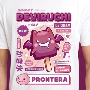 May include: A white t-shirt with a pink and purple graphic design featuring a cartoon bat-shaped ice cream pop with the text "Sweet 甘味 DEVIRUCHI デビルチ ICE CREAM HEALTHY 4X BARS LIMITED OFFER ORDER NOW VITAMIN (D)EMON JUICE & FRUIT PRONTERA" and a pink cartoon character.