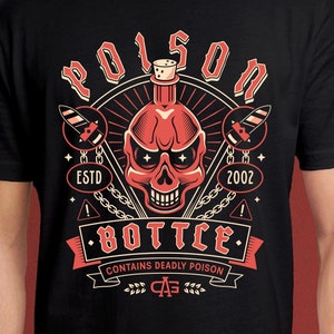 May include: Black t-shirt with a red and white graphic design. The design features a skull with a bottle on top, surrounded by chains and the words "Poison Bottle". The text "Contains Deadly Poison" is below the skull.