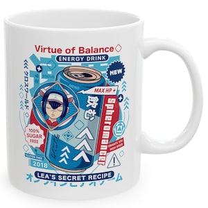 May include: White ceramic mug featuring a colorful design of an energy drink can with Japanese text and the words "Virtue of Balance." The design includes a character illustration, arrows, and the text "Lea's Secret Recipe."