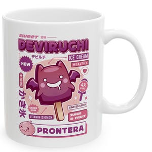 May include: White ceramic mug featuring a purple ice cream design with the text "DEVIRUCHI ICE CREAM". The design includes a cartoon bat-shaped ice cream on a stick, with Japanese text and the word "PRONTERA".