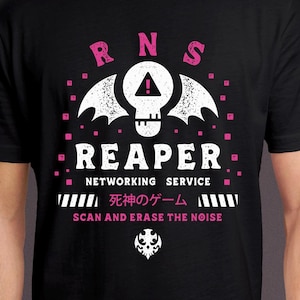 May include: Black t-shirt with a white graphic design of a skull with wings and the text "RNS Reaper Networking Service 死神のゲーム Scan and Erase the Noise".