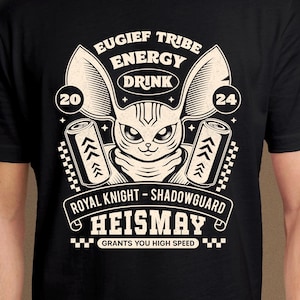 May include: Black t-shirt with a white graphic design featuring a cartoon creature with large ears holding two energy drink cans. The text reads "Eugief Tribe Energy Drink 20 24 Royal Knight - Shadowguard Heismay Grants You High Speed".