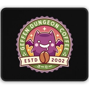 May include: A green, yellow, and orange circular logo with the text "Geffen Dungeon Coffee" and "Est. 2002" around a purple cartoon bat holding a coffee bean. The text "コーヒー" is below the bat.
