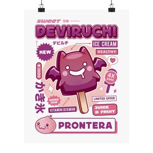 May include: A pink and purple cartoon bat ice cream on a stick with the text "Sweet 甘味 DEVIRUCHI デビルチ ICE CREAM HEALTHY ¥1000 かき氷 4X BARS LIMITED OFFER ORDER NOW VITAMIN (D)EMON JUICE & FRUIT PRONTERA"