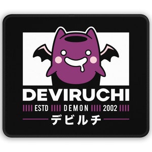 May include: Black mousepad with a white border featuring a cartoon purple demon with wings and the text "DEVIRUCHI ESTD DEMON 2002 デビルチ"
