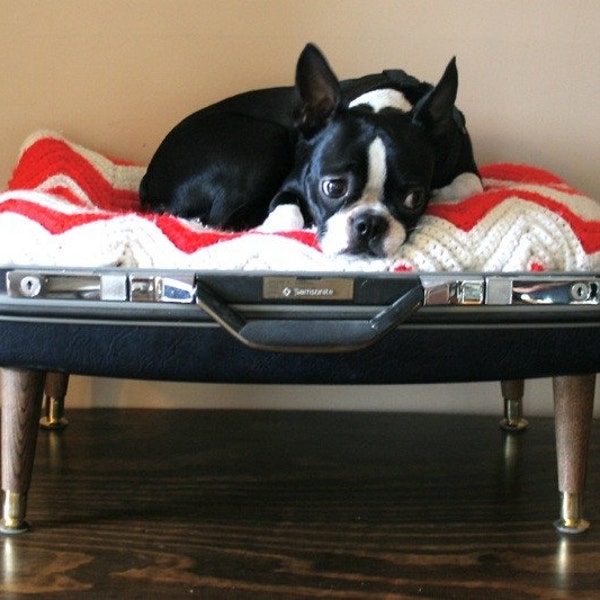 Upcycle - Suitcase Pet Bed - Navy, red and white striped