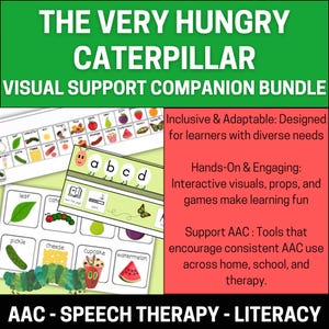 May include: A visual support companion bundle for The Very Hungry Caterpillar book. The bundle includes a variety of colorful visual aids, such as picture cards, a sequencing chart, and a communication board. The bundle is designed to support learners with diverse needs, including those with autism, speech and language delays, and other developmental disabilities.