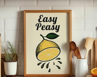 Easy Peasy Zitrone Kunstdruck, lustiges Obst-Küchendekor, bunte Retro-Wandkunst, Zitrone Illustration Digitaler Download, Wortspiel Poster
