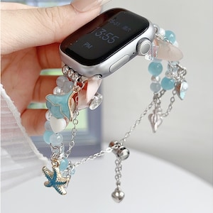 Seashell Apple Watch Band: Glass Bead Bracelet with Sea Star Charms.