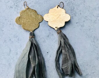 Hammered Brass and Recycled Sari Silk Earrings