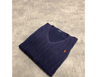 トップス Ralph Lauren 90s dark navy cotton knit Vintage 90s Ralph Lauren Sport Preppy Navy Blue Cable Knit V Neck