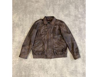 Y2K Real Leather Bomber Jacket Mens Size Like 54 56 Brown - Etsy