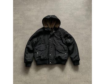 Woolrich mens bomber jacket size 52 black faux fur hood