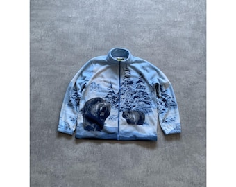 Y2K animal bear print fleece full zip jacket mens size 2XL xxl blue