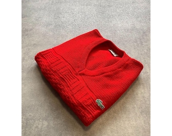Suéter Lacoste de algodón con cuello en V y punto de cable para hombre, talla XL, rojo