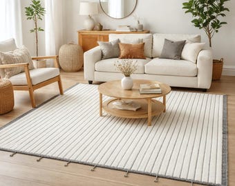 Handgefertigter Wollteppich, Wollteppich, Modernes Minimalistisches Design, Ivory & Anthrazit gestreift