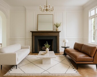 Handmade Moroccan Berber-Inspired Wool Rug – Ivory with Black Diamond Pattern
