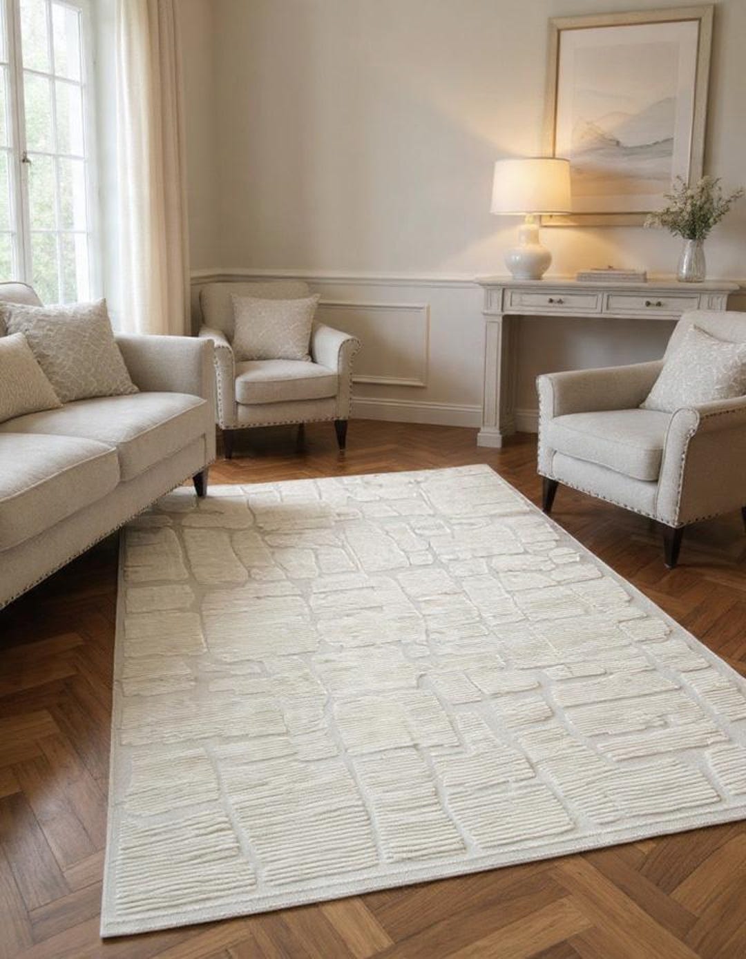 Handmade 100% Woollen White Striped Rug: Modern Scandinavian Wool/ Flat ...