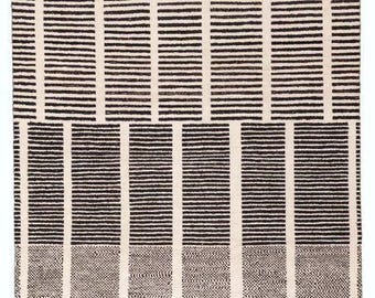 Handmade Modern Geometric Wool Rug, Black & Ivory Striped Area Rugs, Minimalist Scandinavian Carpet, Contemporary Boho Living Room Decor