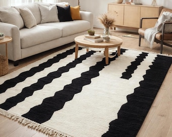 Hand Knotted Wool Rug: White & Black Moroccan Style