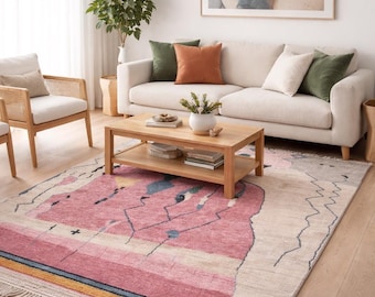 Blush Pink Handmade Moroccan Rug – Hand Knotted Berber Style Area Rug, Abstract Geometric Wool Rug, Boho Living Room Carpet
