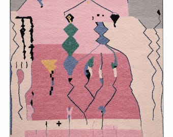Alfombra marroquí hecha a mano en rosa ruborizado: estilo bereber anudado a mano, alfombra de lana geométrica abstracta, alfombra bohemia para sala de estar.