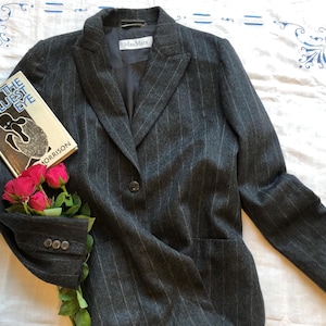 Vintage 1990s Max Mara Charcoal Grey Pinstripe Tailored Coat