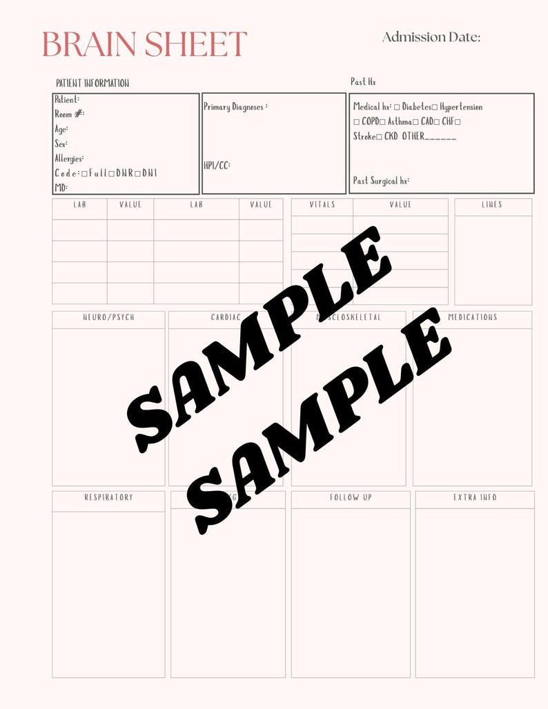 Nursing Brain Sheet | Med Surg RN Student Report Template (digital ...