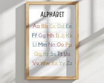 Puede incluir: Un cuadro de alfabeto enmarcado con fondo blanco y líneas negras. Las letras están en un esquema de colores arcoíris, con cada letra repetida dos veces. El título del cuadro es "ALPHABET" en texto negro.
