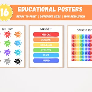 Set von 16 Lernpostern, Regenbogen Lernposter für Zuhause, Schule für Kinder, Lernposter für Kinder, Lernposter für Kinder