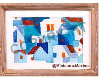 Miniatura "Ciudad junto al mar 2", completamente enmarcada con paspartú de cartulina y frente acrílico, marco de resina color dorado envejecido, 1600-16